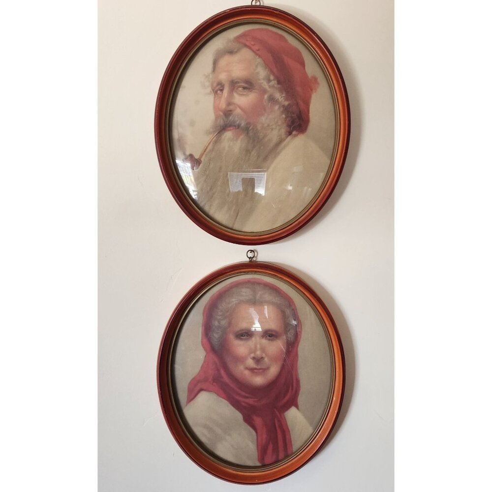 Vintage Peter Watson Studio Oval Santa & Mrs. Claus Prints In Dome Glass Frame